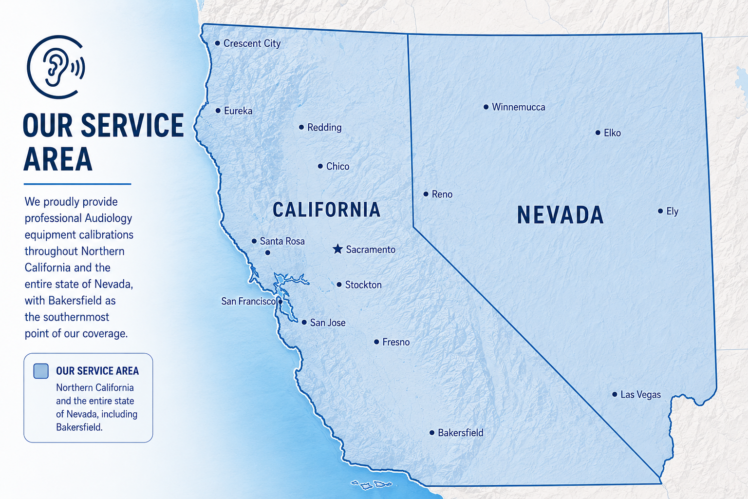 Map showing Brewer Medical Solutions service coverage across Northern California and Nevada, from Bakersfield north through Sacramento and the Bay Area, and all of Nevada including Las Vegas, Reno, and Elko